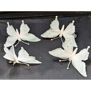 Butterfly Clip on Glitter Ornaments Decorations White Plastic 7 Inch Lot of 4